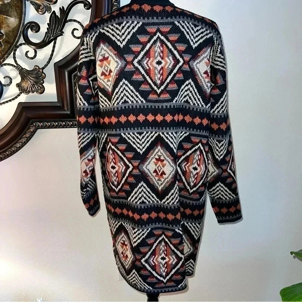 Savanna Jane Women’s Aztec Duster Topper Long Sweater Black Copper Size Small - Picture 5 of 13